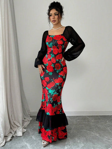 Elegant Party Rose Printed Mesh Patchwork Fishtail Dress