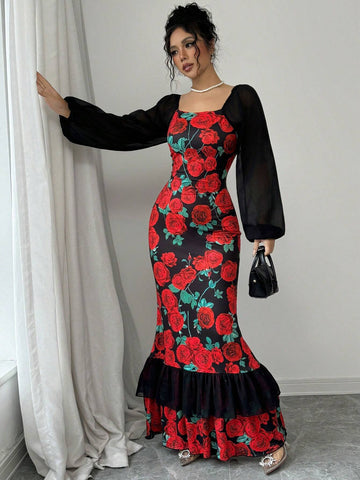 Elegant Party Rose Printed Mesh Patchwork Fishtail Dress