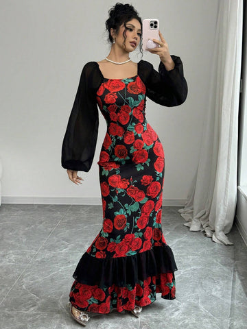 Elegant Party Rose Printed Mesh Patchwork Fishtail Dress