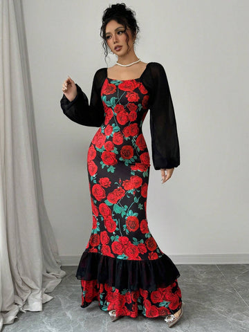 Elegant Party Rose Printed Mesh Patchwork Fishtail Dress