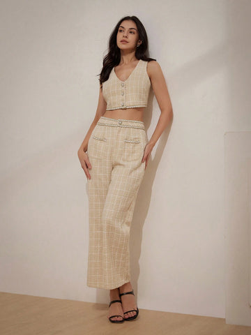 Plaid Pattern Lace Trim Crop Top And Wide Leg Pants Set For Women