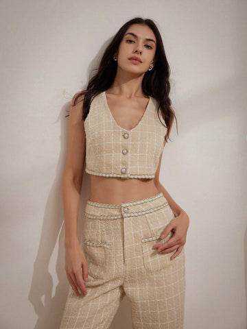 Plaid Pattern Lace Trim Crop Top And Wide Leg Pants Set For Women