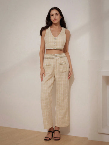 Plaid Pattern Lace Trim Crop Top And Wide Leg Pants Set For Women