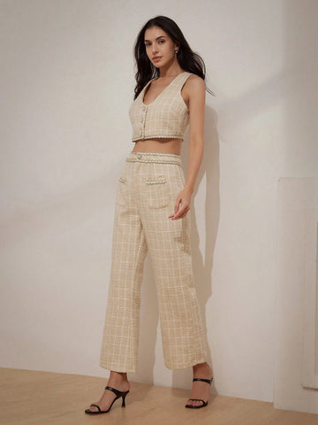 Plaid Pattern Lace Trim Crop Top And Wide Leg Pants Set For Women