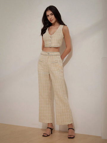 Plaid Pattern Lace Trim Crop Top And Wide Leg Pants Set For Women