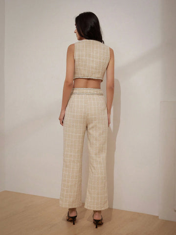 Plaid Pattern Lace Trim Crop Top And Wide Leg Pants Set For Women