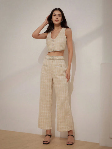 Plaid Pattern Lace Trim Crop Top And Wide Leg Pants Set For Women