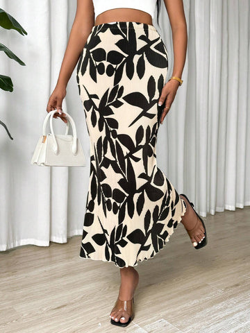 Privé Elegant Plant Printed Bodycon Skirt With Mermaid Hem, For Spring And Summer