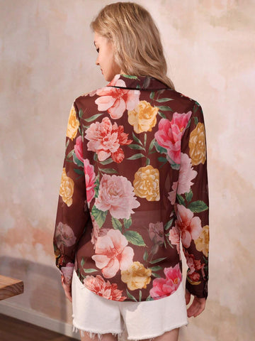 Privé Elegant Realistic Floral Print Chiffon Shirt With Lapel Collar And Button Placket For Women