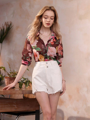 Privé Elegant Realistic Floral Print Chiffon Shirt With Lapel Collar And Button Placket For Women