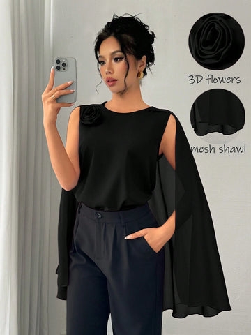 Privé Elegant Red Blouse For Women, Round Neck Short Sleeve Cape Shirt