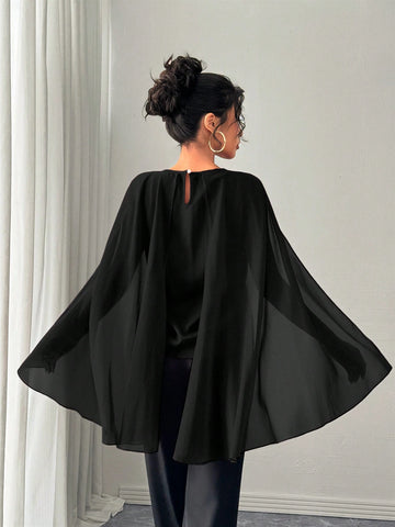 Privé Elegant Red Blouse For Women, Round Neck Short Sleeve Cape Shirt