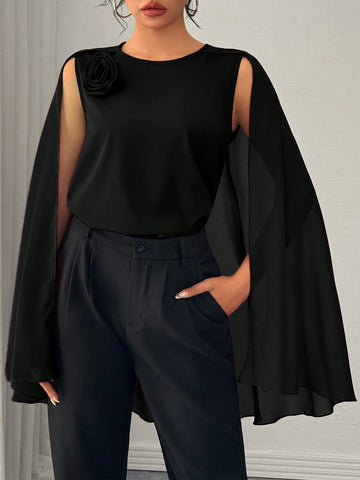 Privé Elegant Red Blouse For Women, Round Neck Short Sleeve Cape Shirt