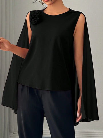 Privé Elegant Red Blouse For Women, Round Neck Short Sleeve Cape Shirt