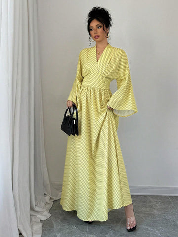 Elegant Rhombus Printed Flare Sleeve Loose V-Neck Cinched Waist High-Low Dress, Autumn