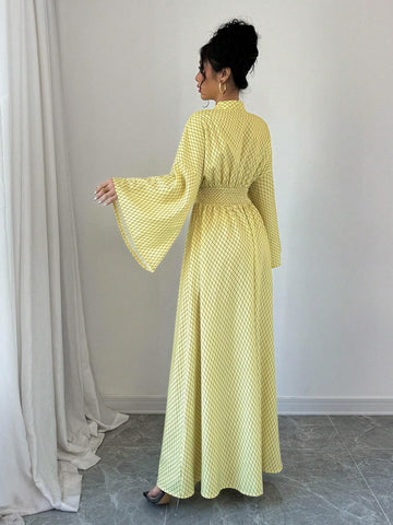 Elegant Rhombus Printed Flare Sleeve Loose V-Neck Cinched Waist High-Low Dress, Autumn
