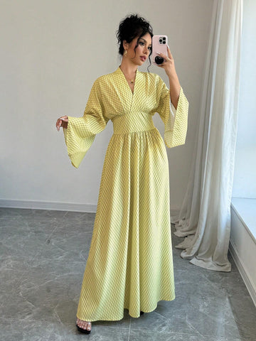 Elegant Rhombus Printed Flare Sleeve Loose V-Neck Cinched Waist High-Low Dress, Autumn