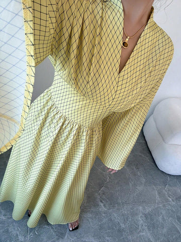 Elegant Rhombus Printed Flare Sleeve Loose V-Neck Cinched Waist High-Low Dress, Autumn
