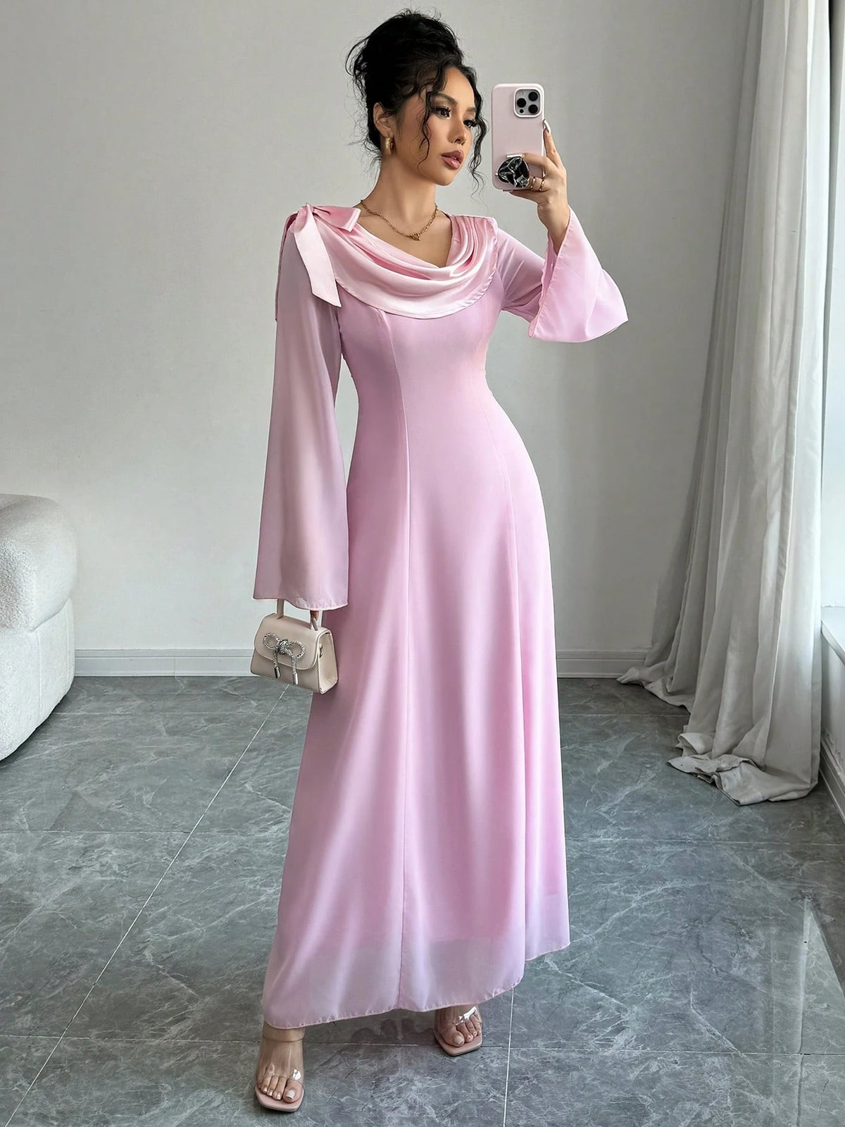 Elegant Romantic Bell Sleeves Ruffle Trim Bow Detail Dress For Women