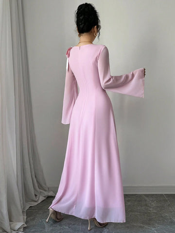 Elegant Romantic Bell Sleeves Ruffle Trim Bow Detail Dress For Women