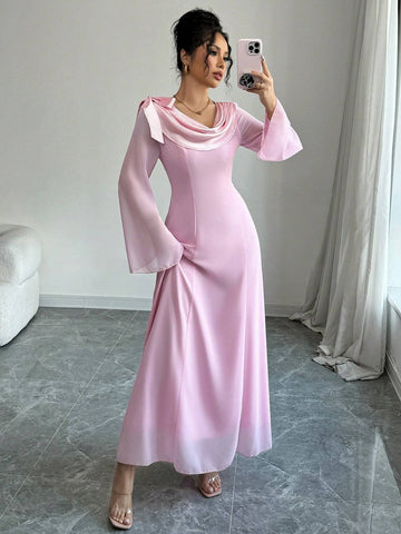 Elegant Romantic Bell Sleeves Ruffle Trim Bow Detail Dress For Women