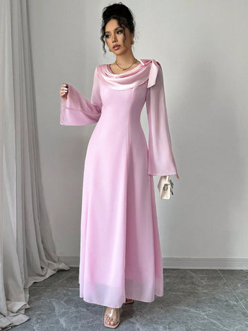 Elegant Romantic Bell Sleeves Ruffle Trim Bow Detail Dress For Women