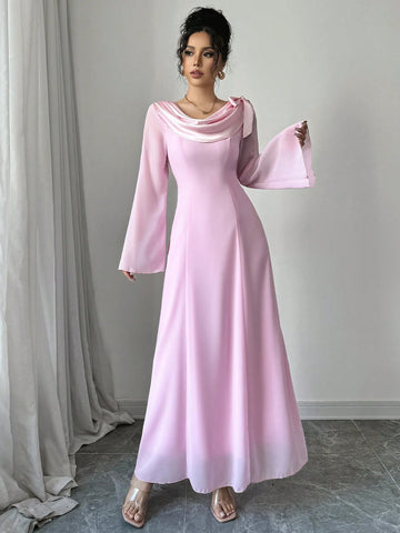 Elegant Romantic Bell Sleeves Ruffle Trim Bow Detail Dress For Women