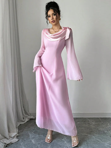 Elegant Romantic Bell Sleeves Ruffle Trim Bow Detail Dress For Women