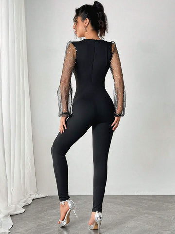Elegant Sequin & Mesh Patchwork Skinny Jumpsuit, Autumn
