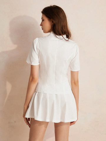 Elegant Set Of Chinese-Style Short-Sleeved Shirt With Asymmetric Buckle And V-Shaped Hem, And Skirt In Solid Color