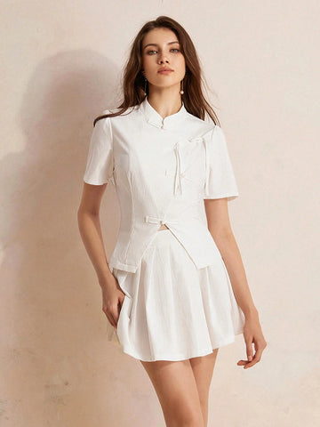 Elegant Set Of Chinese-Style Short-Sleeved Shirt With Asymmetric Buckle And V-Shaped Hem, And Skirt In Solid Color