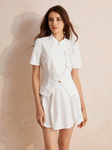 Elegant Set Of Chinese-Style Short-Sleeved Shirt With Asymmetric Buckle And V-Shaped Hem, And Skirt In Solid Color