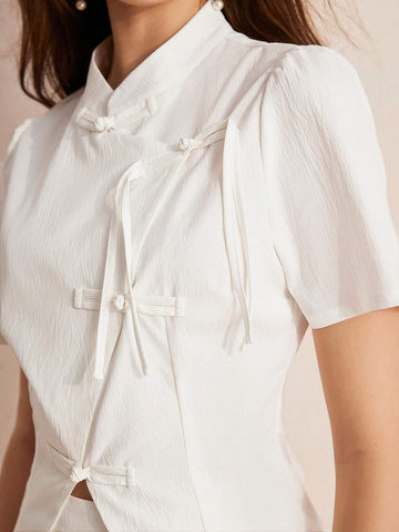 Elegant Set Of Chinese-Style Short-Sleeved Shirt With Asymmetric Buckle And V-Shaped Hem, And Skirt In Solid Color