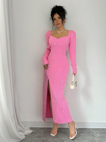 Elegant Sexy French Luxurious Beaded Slit Dress