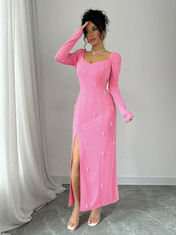 Elegant Sexy French Luxurious Beaded Slit Dress
