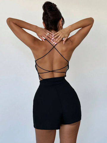 Elegant Sexy Leopard Print Criss-Cross Backless Camisole Bodysuit