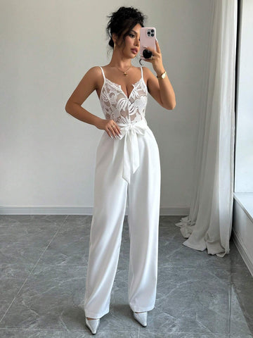 Elegant Sexy V-Neck Camisole High Waist Lace Patchwork Jumpsuit For Women, Suitable For Party, Date Night & Daily Wear, Autumn/Winter