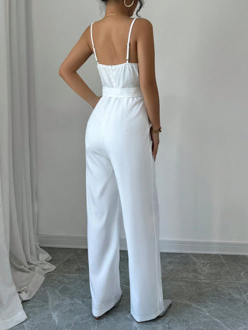 Elegant Sexy V-Neck Camisole High Waist Lace Patchwork Jumpsuit For Women, Suitable For Party, Date Night & Daily Wear, Autumn/Winter