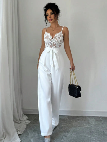 Elegant Sexy V-Neck Camisole High Waist Lace Patchwork Jumpsuit For Women, Suitable For Party, Date Night & Daily Wear, Autumn/Winter