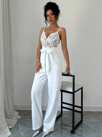 Elegant Sexy V-Neck Camisole High Waist Lace Patchwork Jumpsuit For Women, Suitable For Party, Date Night & Daily Wear, Autumn/Winter