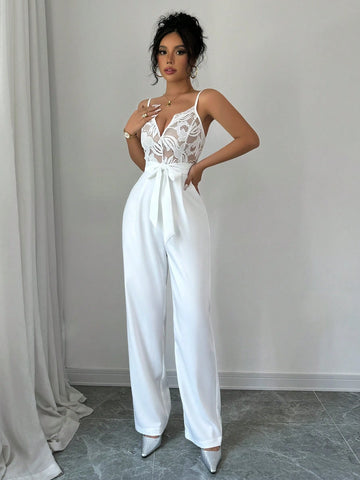 Elegant Sexy V-Neck Camisole High Waist Lace Patchwork Jumpsuit For Women, Suitable For Party, Date Night & Daily Wear, Autumn/Winter