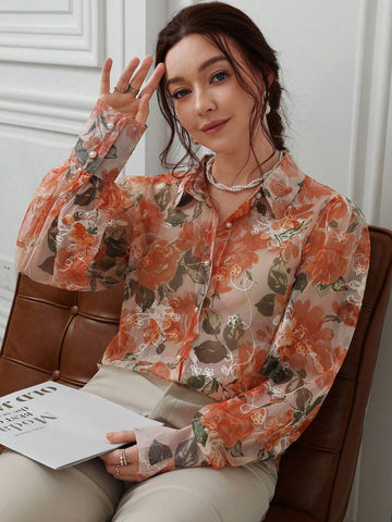 Privé Elegant Sheer Mesh Random Cut-Out Textured Long Sleeve Shirt