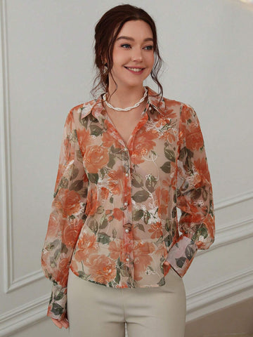 Privé Elegant Sheer Mesh Random Cut-Out Textured Long Sleeve Shirt