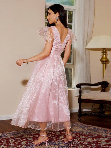 Elegant Sheer Organza Heart Neck Solid Color Cap Sleeve Dress