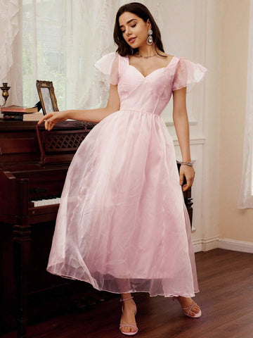 Elegant Sheer Organza Heart Neck Solid Color Cap Sleeve Dress
