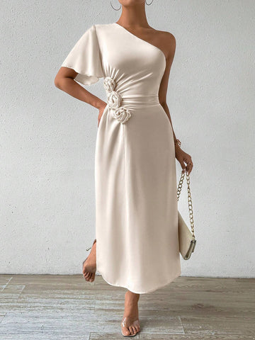 Elegant Single Shoulder Pleated Waist Dress