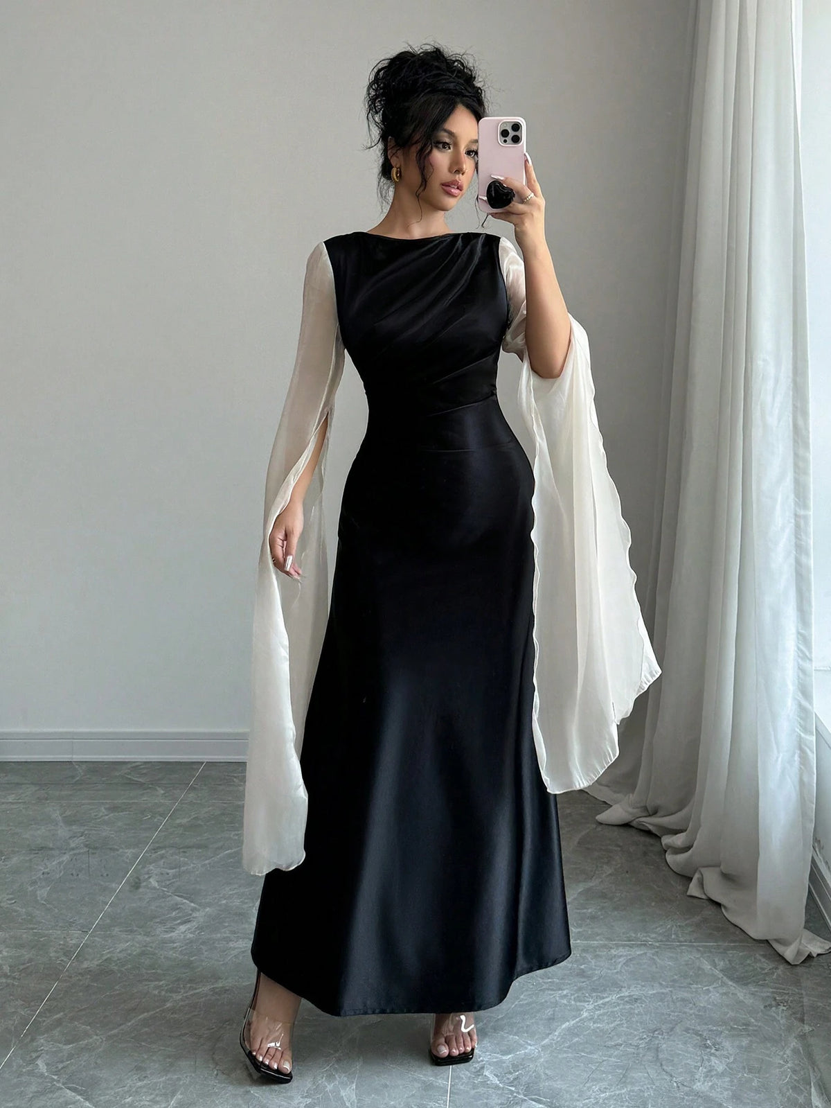 Elegant Slit Long Sleeve Dress With Flare Hem