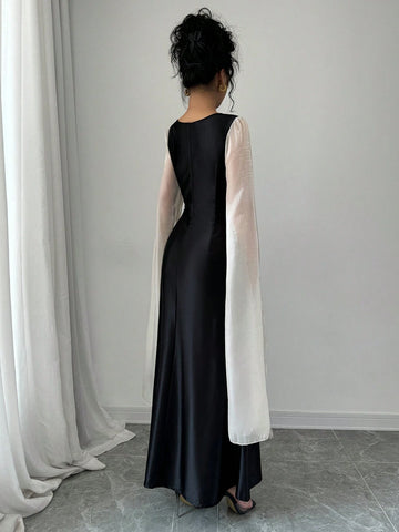 Elegant Slit Long Sleeve Dress With Flare Hem