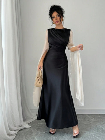 Elegant Slit Long Sleeve Dress With Flare Hem