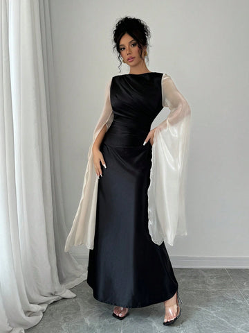 Elegant Slit Long Sleeve Dress With Flare Hem